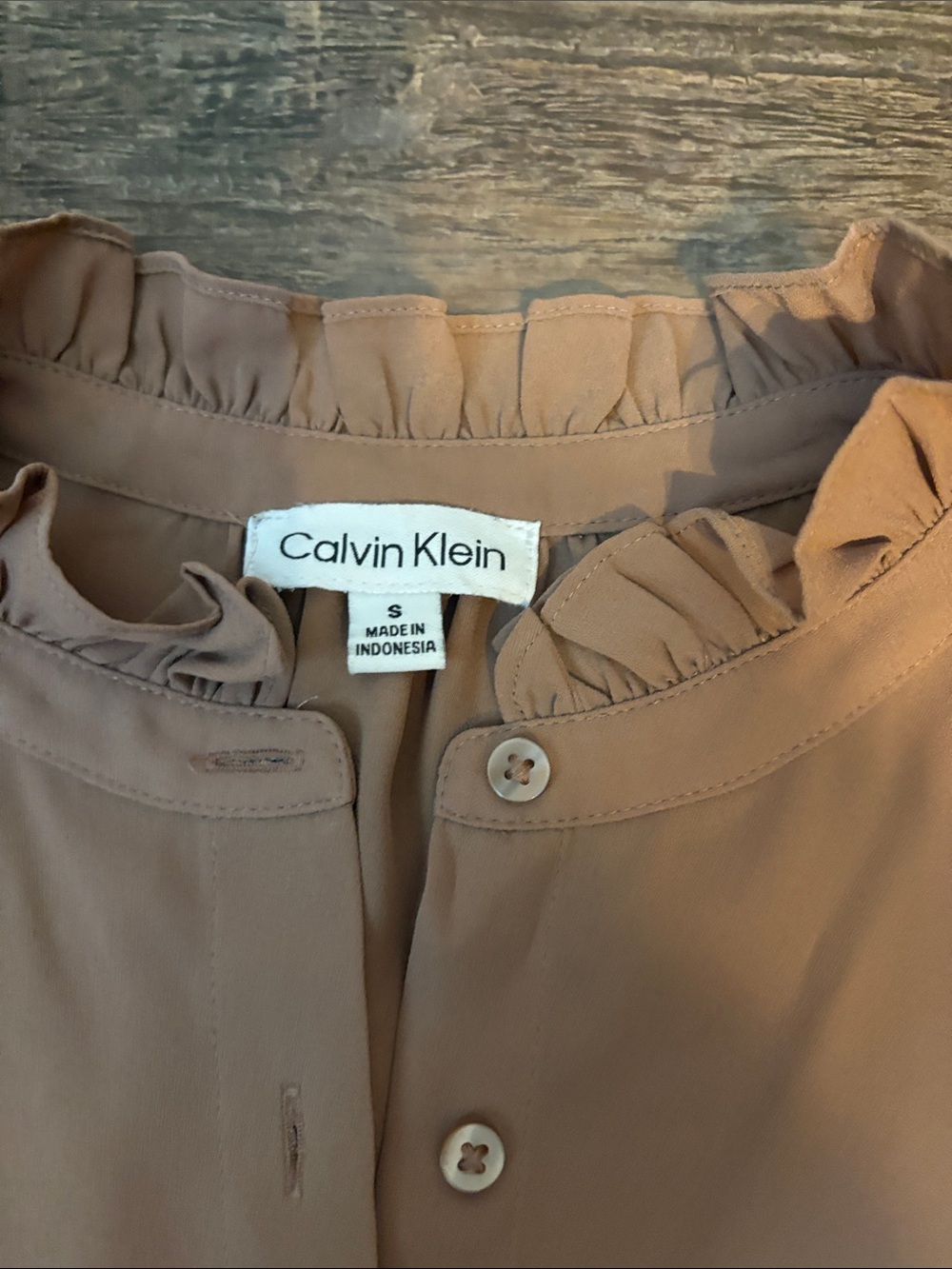 Calvin Klein Light brown Ruffle-Neck Button Blouse - Picture 2 of 3
